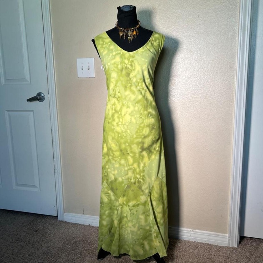 Dressbarn Women 18W Lime Green Abstract Print Mermaid Maxi Dress Y2K Vintage